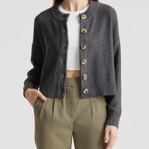 Quince 100% Organic Cotton Cropped Gray Button-Front Sweater Cardigan Size M